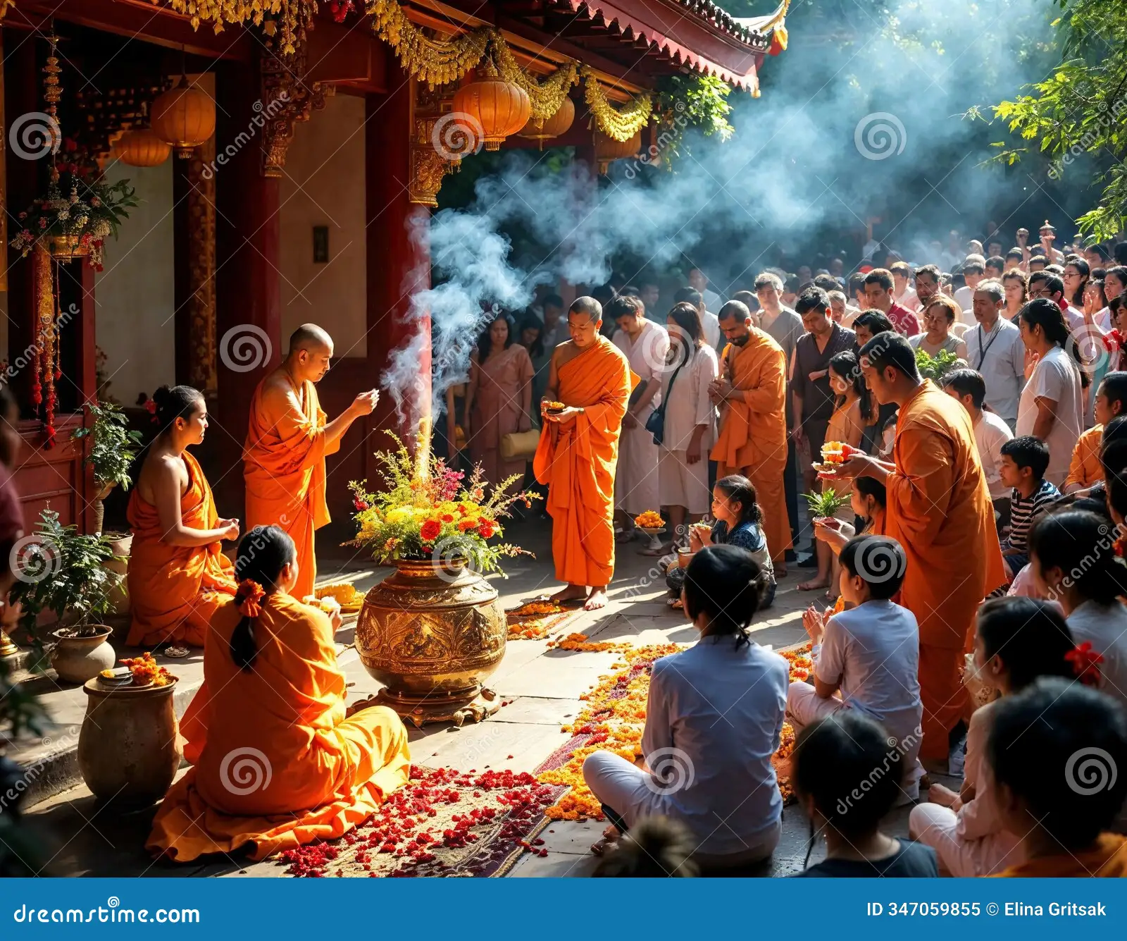 Monks chanting in incense-filled hall