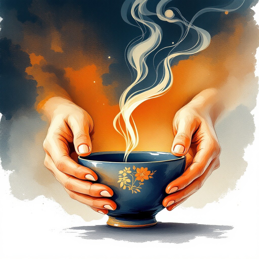Hands receiving a steaming cup of tea